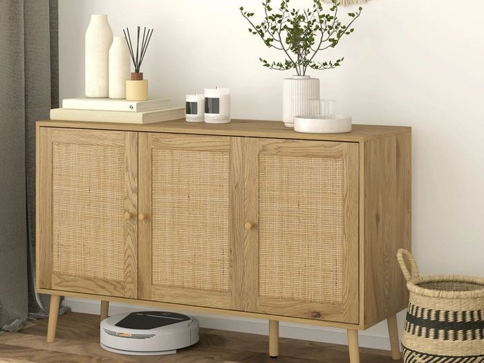 Sideboard living room storage cabinet with rattan-front doors and adjustable shelf, natural wood