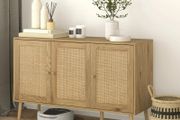 Sideboard living room storage cabinet with rattan-front doors and adjustable shelf, natural wood