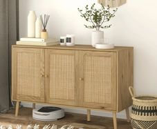 Sideboard living room storage cabinet with rattan-front doors and adjustable shelf, natural wood