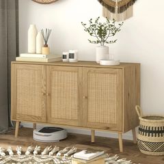 Sideboard living room storage cabinet with rattan-front doors and adjustable shelf, natural wood