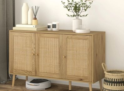 Sideboard living room storage cabinet with rattan-front doors and adjustable shelf, natural wood