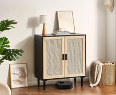 Black Rattan Cabinet Storage with 2 Magnetic Doors and Adjustable Shelves,
