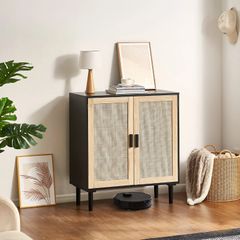 Black Rattan Cabinet Storage with 2 Magnetic Doors and Adjustable Shelves,