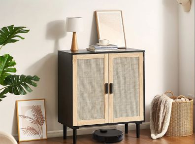 Black Rattan Cabinet Storage with 2 Magnetic Doors and Adjustable Shelves,