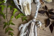 Dreadwraps / Hairwraps Fantasy White Grey Hairwrap Dreadwrap with a Pyrography Bead Antler and Trinkets Cosplay