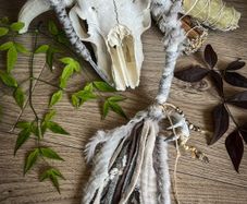 Dreadwraps / Hairwraps Fantasy White Grey Hairwrap Dreadwrap with a Pyrography Bead Antler and Trinkets Cosplay