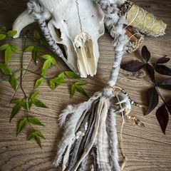 Dreadwraps / Hairwraps Fantasy White Grey Hairwrap Dreadwrap with a Pyrography Bead Antler and Trinkets Cosplay