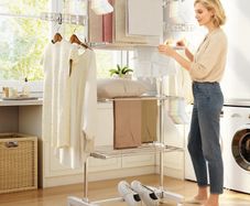 4-Layer Folding Cloth Rail, Adjustable Garment Rack with Wheels for Bedroom, Balcony, Silver