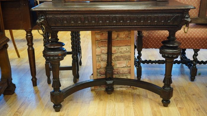 Antique Gothic Revival Oak Hall Console with Mirror