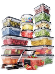 Food Storage Containers Set (32 Piece Set) - 16 Airtight Plastic Containers with 16 Snap Lids - Leak Proof Kitchen & Pantry Containers - BPA-Free - Chalkboard Labels & Marker (FREE POSTAGE)
