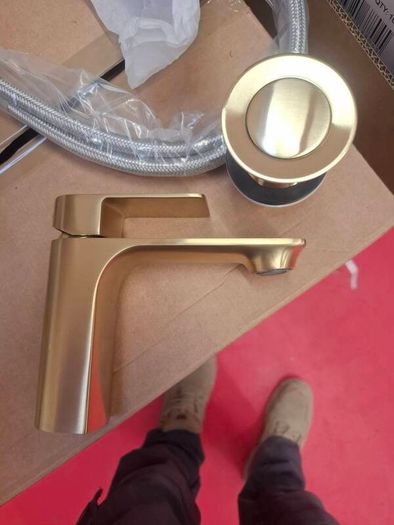 Ezra brushed brass basin mixer and waste