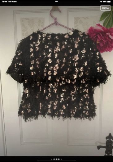 top Bnwot black fluffy embelished top short sleeve size large elli white brand