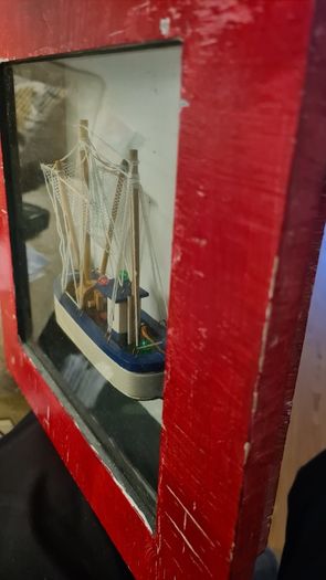 MODEL Fisfing Boat Trawler Framed Behind Glass. In Good Condition.