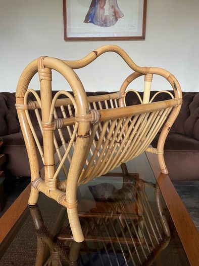 Vintage Mid Century Bamboo Magazine Rack with Heart Motifs