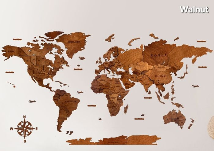 3D Classic Wooden World Map with Country Borders Country Names Capital Names US and Canada Borders and Names 3D Map Effect