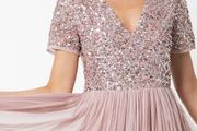 Maya Frosted Pink V Neckline Embellished Midi Dress
