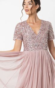 Maya Frosted Pink V Neckline Embellished Midi Dress