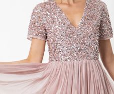 Maya Frosted Pink V Neckline Embellished Midi Dress