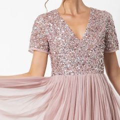 Maya Frosted Pink V Neckline Embellished Midi Dress