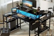 100cm Reversible L-Shaped Gaming Desk with Power Sockets &amp; LED Lights, Carbon Fibre Computer Table with Long Monitor Stand, 2-Tier CPU Storage Shelves &amp; Side Pouch, Black