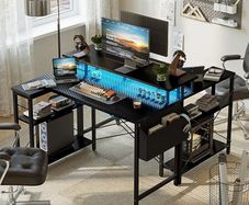 100cm Reversible L-Shaped Gaming Desk with Power Sockets & LED Lights, Carbon Fibre Computer Table with Long Monitor Stand, 2-Tier CPU Storage Shelves & Side Pouch, Black