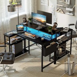 100cm Reversible L-Shaped Gaming Desk with Power Sockets & LED Lights, Carbon Fibre Computer Table with Long Monitor Stand, 2-Tier CPU Storage Shelves & Side Pouch, Black