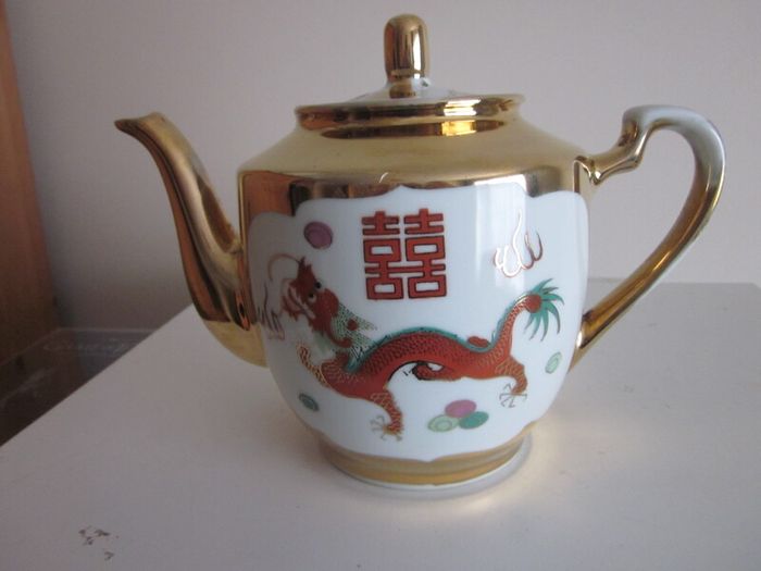 Chinese Phoenix and Dragon Gold Trim Porcelain Teapot 1970s