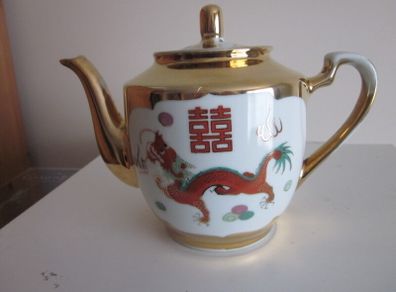 Chinese Phoenix and Dragon Gold Trim Porcelain Teapot 1970s