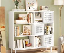 Rattan Bookcase, Storage Sideboard Cabinet with Metal Legs, Wooden Bookshelf with 3 Door, 6 Open Compartments, Freestanding Display Rack for Living Room, Study,102x29x96cm(White)