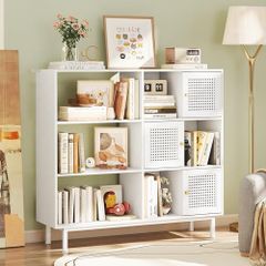 Rattan Bookcase, Storage Sideboard Cabinet with Metal Legs, Wooden Bookshelf with 3 Door, 6 Open Compartments, Freestanding Display Rack for Living Room, Study,102x29x96cm(White)