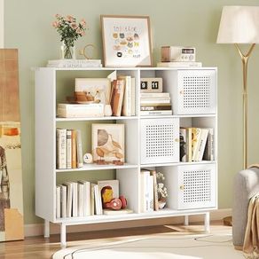 Rattan Bookcase, Storage Sideboard Cabinet with Metal Legs, Wooden Bookshelf with 3 Door, 6 Open Compartments, Freestanding Display Rack for Living Room, Study,102x29x96cm(White)