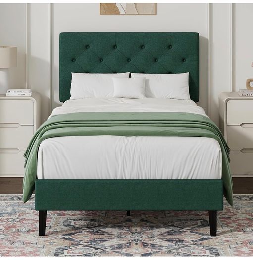 Single Bed Frame with Headboard, 90 X 190, Green Upholstered Bed Frame, Adjustable, Heavy Duty, Easy Assembly, No Box Spring Needed