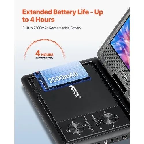 10.1 inch HD Swivel Display Screen, 4 Hours Built-in Rechargeable Battery, Dual Speakers, Support Sync TV/USB/SD Card/CD/DVD, Car Charger, AC Power Adapter, Remote Control