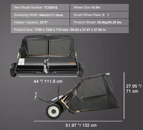Tow Behind Lawn Sweeper, 111.7 cm Pull Behind Lawn Sweeper, 25 cu. ft Large Capacity Leaf & Grass Collector, Heavy Duty Garden Sweeper with Adjustable Sweeping Height for Yard, Lawn, Farm