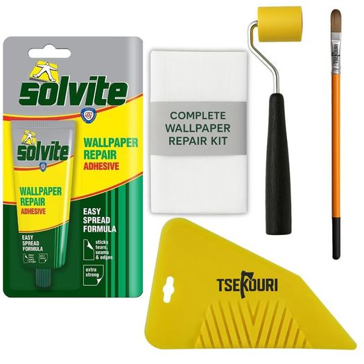 Wallpaper Repair Adhesive Tube (56g) with Foam Seam Roller, Smoother Tool With 0.9cm Brush & Cleaning Cloth  Complete Wallpaper Repair Set by Tsekouri