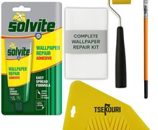 Wallpaper Repair Adhesive Tube (56g) with Foam Seam Roller, Smoother Tool With 0.9cm Brush & Cleaning Cloth  Complete Wallpaper Repair Set by Tsekouri