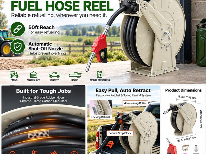 50ft Retractable Diesel Fuel Hose Reel 300 PSI Automatic Nozzle