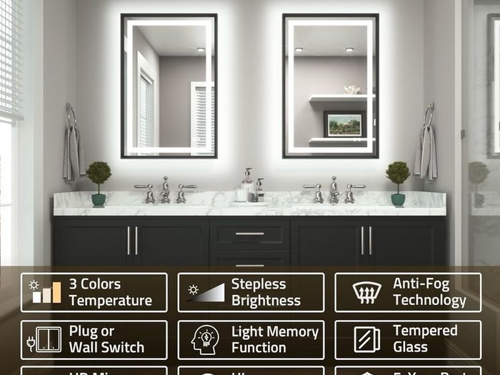 Black Bathroom Mirror with Led Lights 50x70cm, Antifog Wall Vanity Mirror Black Frame