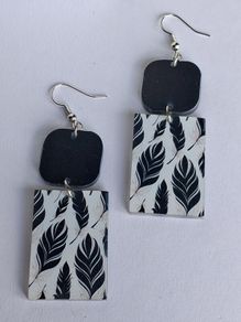 Geometric White & Black Feather Motif Earrings
