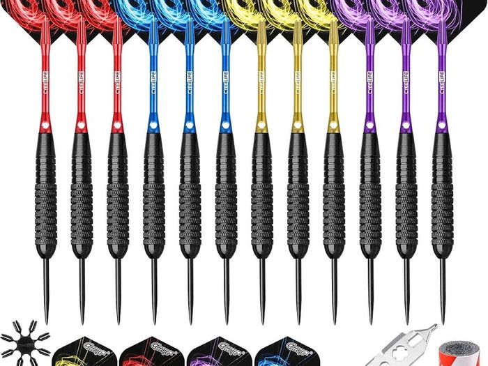 SALE | Steel tip Darts set 22/28g With Aluminium Shafts(4 Colors)+16 Protectors and Flights+Sharpener+Tool,12 Packs(4 Sets) for 4 Beginners