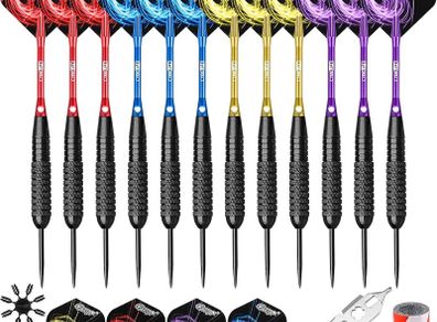 SALE | Steel tip Darts set 22/28g With Aluminium Shafts(4 Colors)+16 Protectors and Flights+Sharpener+Tool,12 Packs(4 Sets) for 4 Beginners