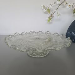 VINTAGE Cake Stand in clear glass with a glass pedestal base.