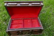 Vintage Wood Jewelry Box  Red Lining, Removable Tray 11" x 6" H-5,3"
