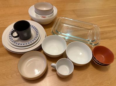 Kitchen Crockery Bundle - 5 Plates, 13 Bowls, 2 Mugs, 2 Glass Oven Dishes