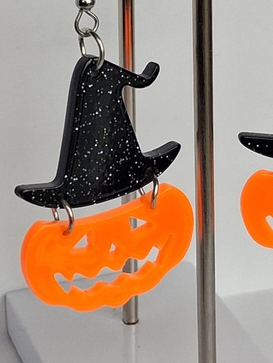 Glitter Witch Hat Jack O' Lantern Pumpkin Earrings
