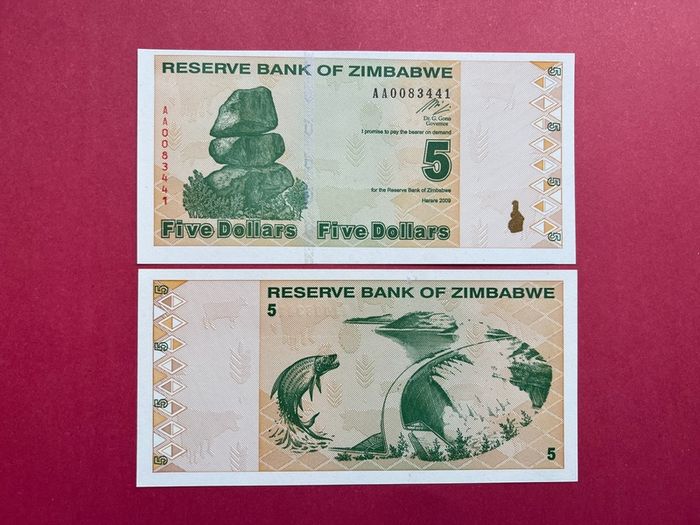 Zimbabwe  5 Dollars  2009. Verified Under Uv Light. ( Uncirculated )