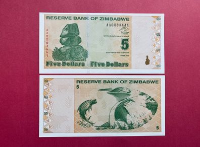 Zimbabwe  5 Dollars  2009. Verified Under Uv Light. ( Uncirculated )