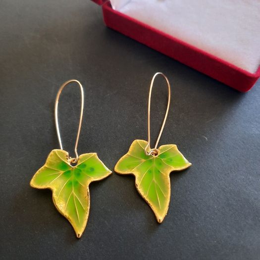 Green Ivy Leaf Earrings, Enameled Botanical Drop Earrings, Nature Inspired Jewelry, Gold Tone Leaf Dangle Earrings