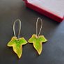 Green Ivy Leaf Earrings, Enameled Botanical Drop Earrings, Nature Inspired Jewelry, Gold Tone Leaf Dangle Earrings Image 5