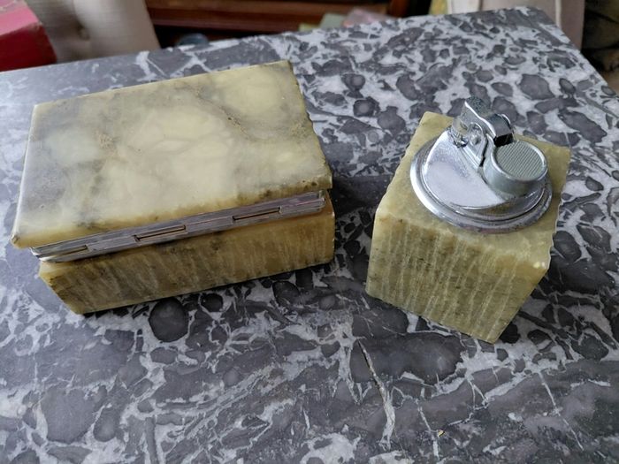 Antique Italian alabaster smoking set cigarette box and lighter
